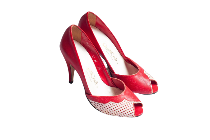 RARE 50s Red Pumps Qualicraft Peep Toe Pumps 50s Shoes Made in Italy Heels June Cleaver Shoe Style Mid-Century Fashion Women's Size 6.5