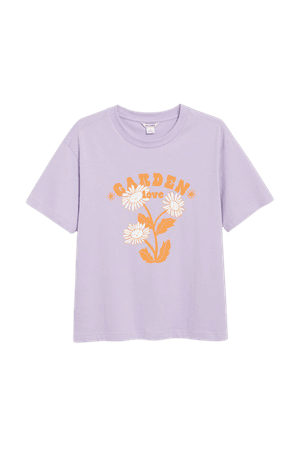 Lilac cotton tee with front print - Light lilac garden love - Monki WW