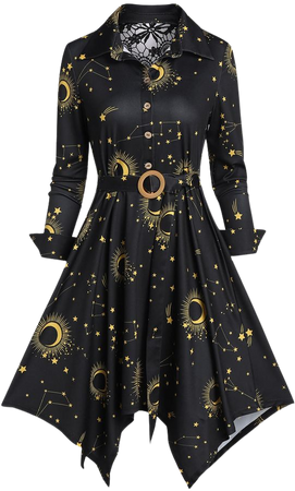 [29% OFF] Sun And Moon Print Button Belt A Line Irregular Dress | Rosegal
