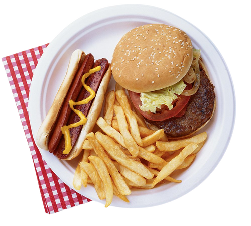 Plate of food | Burger, Fries and Hotdog