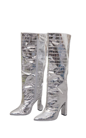 Silver Wide Fit Block High Heel Knee Boots | PrettyLittleThing USA