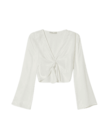 Long sleeve satin blouse with knot - T-shirts - Woman | Bershka