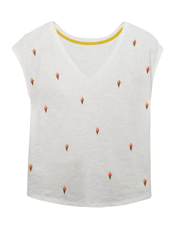 Robyn Embroidered V-Neck Tee - White, Embroidered Ice Creams | Boden US