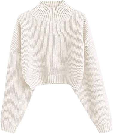 ZAFUL Women's Cropped Turtleneck Sweater Lantern Sleeve Ribbed Knit Pullover Sweater Jumper (1-White, S) at Amazon Women’s Clothing store
