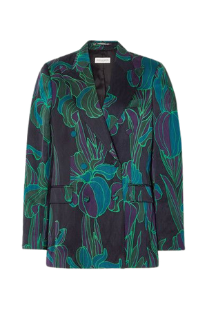 Double-breasted Floral-print Woven Blazer - Dark green