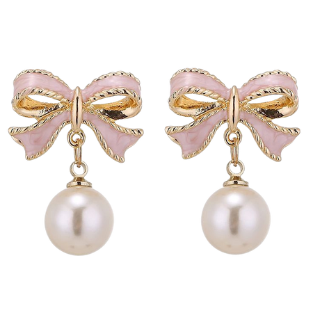 faux imitation pearl pink bowknot dangle drop earring stud