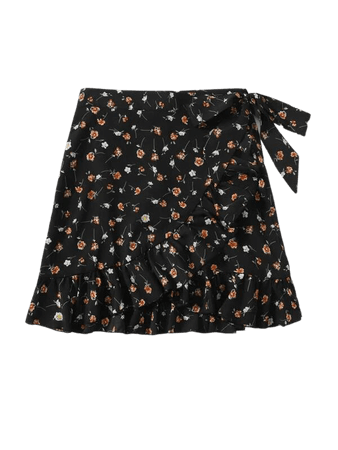 black Tie Side Ruffle Trim Wrap Ditsy Floral Skirt | SHEIN USA