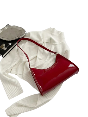 Artificial Patent Leather Minimalist Bag Trendy PU Crescent Hobo Bag, Fashion Shoulder Bag, Women's Luxury Handbag & Purse For Commute , Burgundy Bag& New Year Ideal Gift | SHEIN