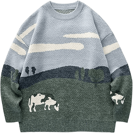 Vamtac Mens Grassland Cow Vintage Oversize Knitted Sweater Long Sleeve Round Neck Knitted Pullover Jumper Grey at Amazon Men’s Clothing store