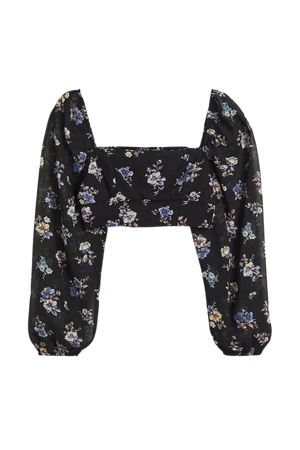 Puff-sleeved Crop Top - Black/small flowers - Ladies | H&M CA