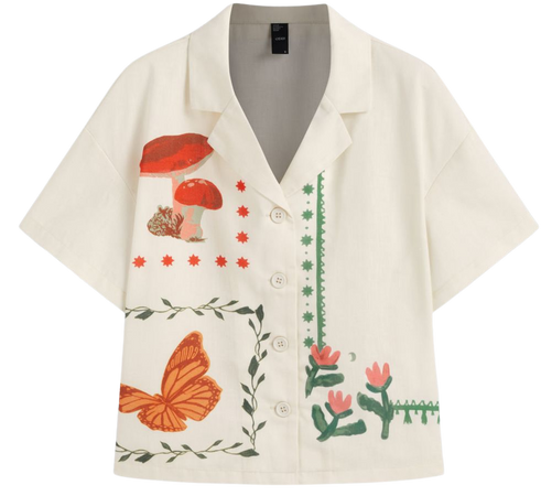 Collar Floral & Mushroom & Butterfly Graphic Short Sleeve Shirt - Cider