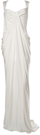 1900S DONNA KARAN Off White Rayon and Silk Jersey Draped Goddess Gown For Sale at 1stDibs