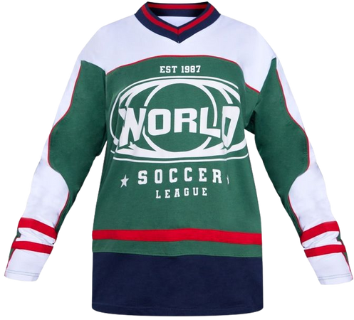 Dark Green World Soccer League Print Long Sleeve T Shirt | PrettyLittleThing USA