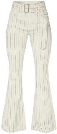 Cream Pinstripe Belted Detail Flared Jean | PrettyLittleThing USA
