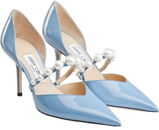 AURELIE 85 | Smoky Blue Patent Leather Pointed Pumps with Pearl Embellishment | Summer Collection | JIMMY CHOO