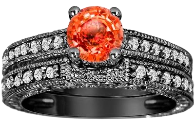 Orange Sapphire and Diamonds Engagement Ring and Wedding Band Sets 14K Black Gold 1.01 Carat Antique Vintage Style Engraved