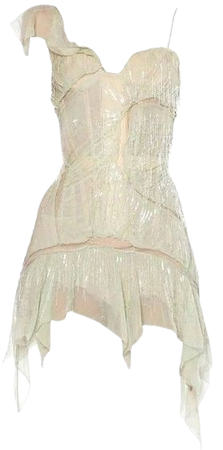 Roberto Cavalli Corset Dress Draped in Chiffon and Bead Fringe 2003