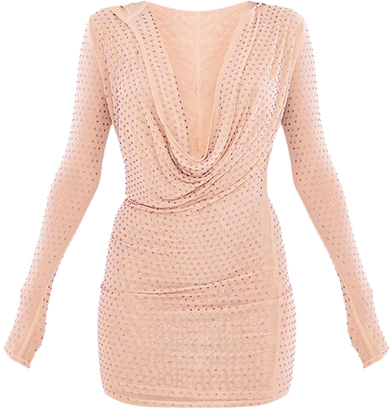 Premium Nude Embellished Hooded Cowl Bodycon Dress | PrettyLittleThing USA