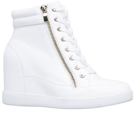 white wedge sneakers with gold zipper