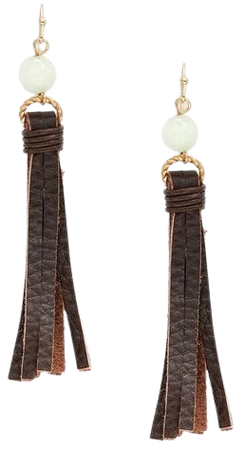 Brown Leather Tassel Hanging Earrings w/ Pearl