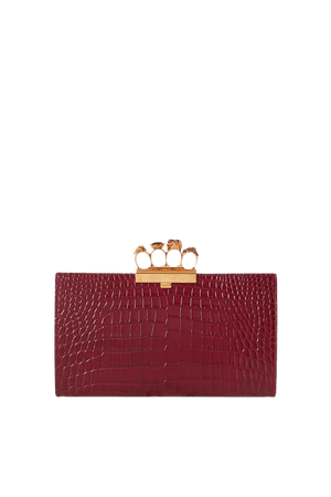 Burgundy Four Ring embellished croc-effect leather clutch | Alexander McQueen | NET-A-PORTER