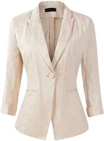 Womens Stripe 3/4 Sleeve Lightweight Office Work Suit Jacket Boyfriend Blazer (191 White, S) at Amazon Women’s Clothing store