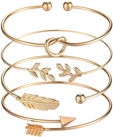 Amazon.com: Starain 4Pcs Gold Bangle Bracelets for Women Girl Simple Leaf Arrow Feather Knot Heart Bracelet Adjustable Cuff Bracelet Set: Jewelry