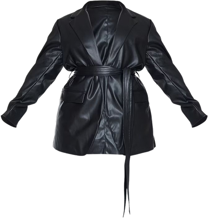 Plus Black Faux Leather Wrap Belted Blazer | PrettyLittleThing
