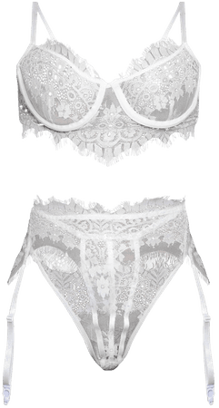 White Floral Lace Binding 3 Piece Lingerie Set | PrettyLittleThing AUS