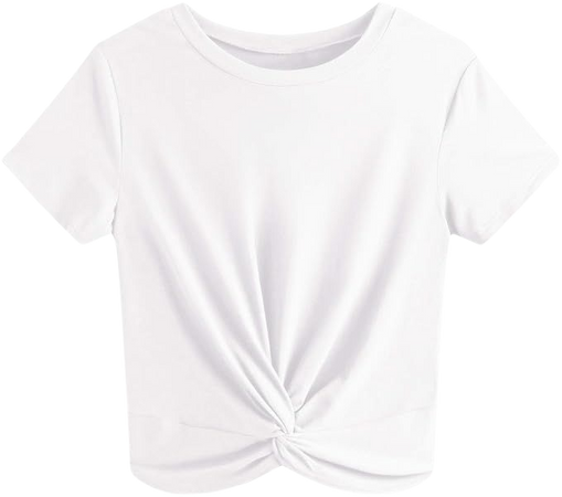 JINKESI Women's Summer Causal Short Sleeve Blouse Round Neck Crop Tops Twist Front Tee T-Shirt White-Small at Amazon Women’s Clothing store