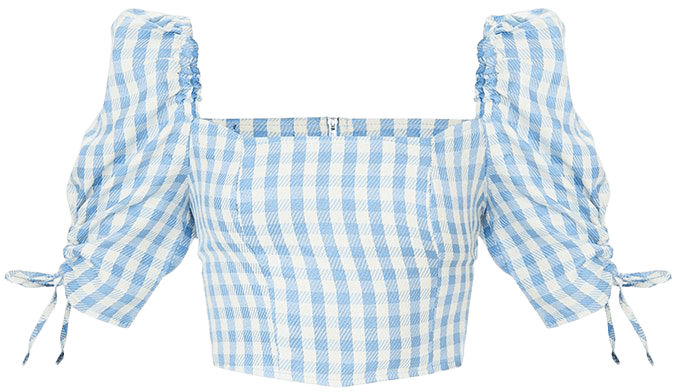 Blue Woven Gingham Puff Sleeve Ruched Tie Crop Top | PrettyLittleThing USA