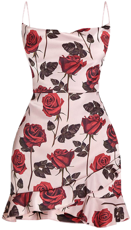 Cream Rose Print Hammered Satin Frill Hem Dress | PrettyLittleThing USA