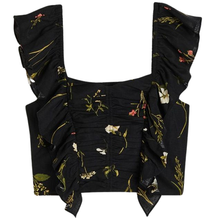 Linen-blend Cropped Blouse - Black/floral - Ladies | H&M US