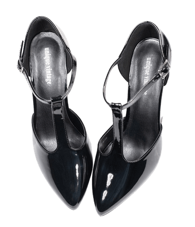 Unique Vintage Black Patent Leatherette T-Strap Heels