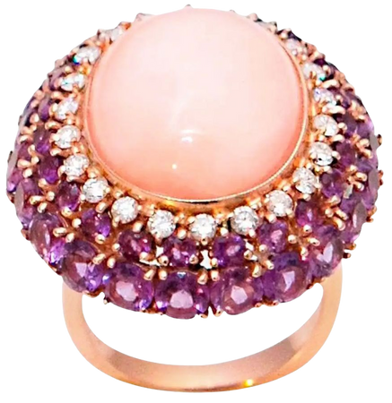 Pink Coral Amethyst Diamonds 18 Karat Yellow Gold Cocktail Ring For Sale at 1stDibs