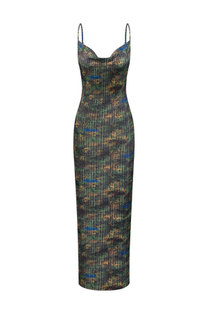 Printed V-neck Plisse Maxi Dress