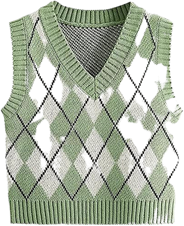 Yuhanya Women V Neck Cute Argyle Preppy Style Knit Vest Sweater for Women Sleeveless Tank Top at Amazon Women’s Clothing store