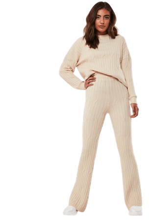 Stone Co Ord Cable Flare Leg Knitted Trousers | Missguided
