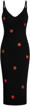 Knitted V-neck Strawberry Embroidery Midi Dress - Cider
