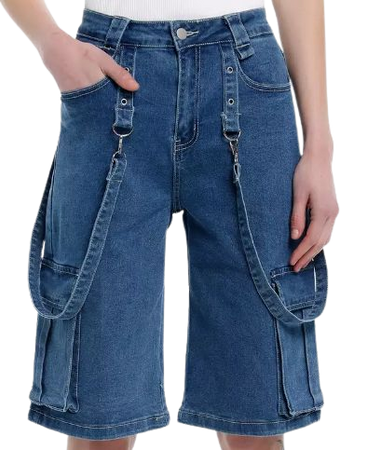 Hot Topic Indigo Denim Suspender Baggy Long Cargo Shorts