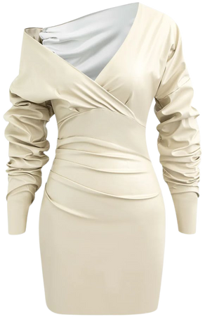 Asymmetric Faux Leather V-neck Gathered Mini Dress – Micas