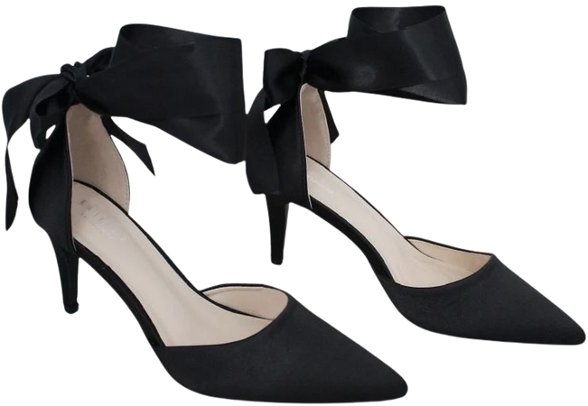 Black Satin Pointy Toe Heels with WRAPPED SATIN TIE, Wedding Shoes, Bridesmaids Shoes, Black Evening Shoes, Holiday Shoes