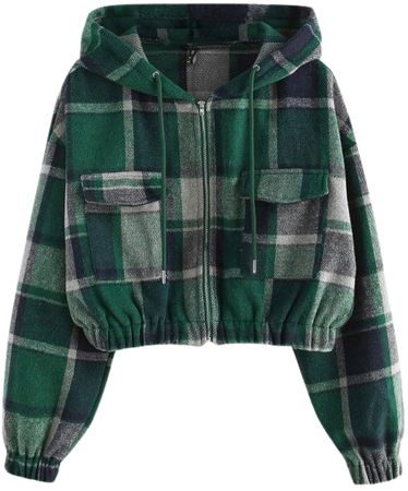 ZAFUL Plaid Flannel Flap Pocket Zip Hooded Jacket In DEEP GREEN | ZAFUL 2023
