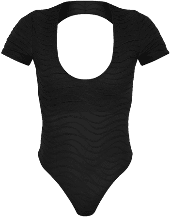 Black Textured Rib Tie Front Short Sleeve Bodysuit | PrettyLittleThing USA