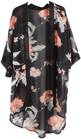Outrip Women Swimsuit Bathing Suit Beach Cover up Chiffon Floral Kimono Cardigan (Black with Orange Flower) at Amazon Women’s Clothing store: