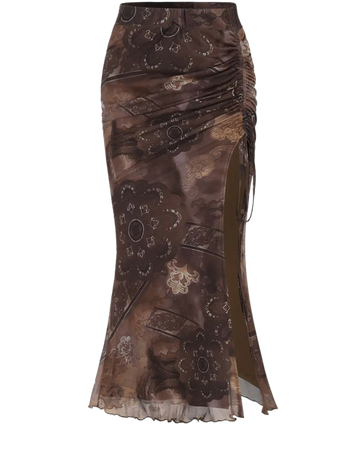 Cinched Front Abstract Printed Mesh Overlay Thigh Slit Skirt In COFFEE | ZAFUL 2023