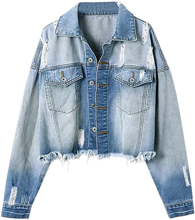 LONGYIDA Women's Jean Jacket Cropped Distressed Denim Jacket Long Sleeve Button Down Jean Jacket For Women at Amazon Women's Coats Shop