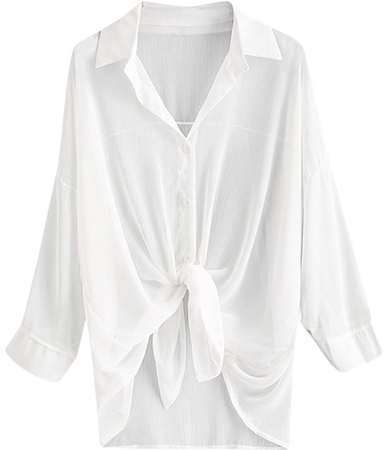 ZAFUL Women's Long Sleeve Beach Shirt Blouses Bathing Suit Cover Up Button Down Collar (2-White, One Size) at Amazon Women’s Clothing store