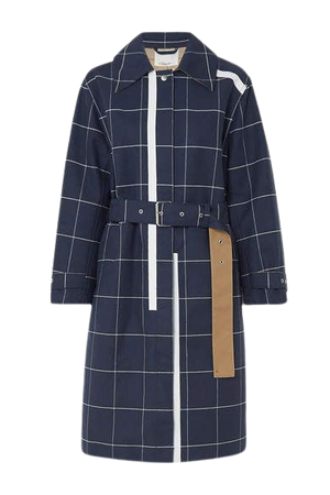 Belted Checked Cotton-blend Garbadine Trench Coat - Navy