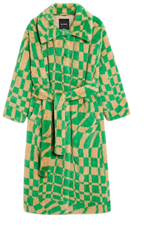 Patterned faux fur coat - Green wavy checkered - Coats - Monki WW